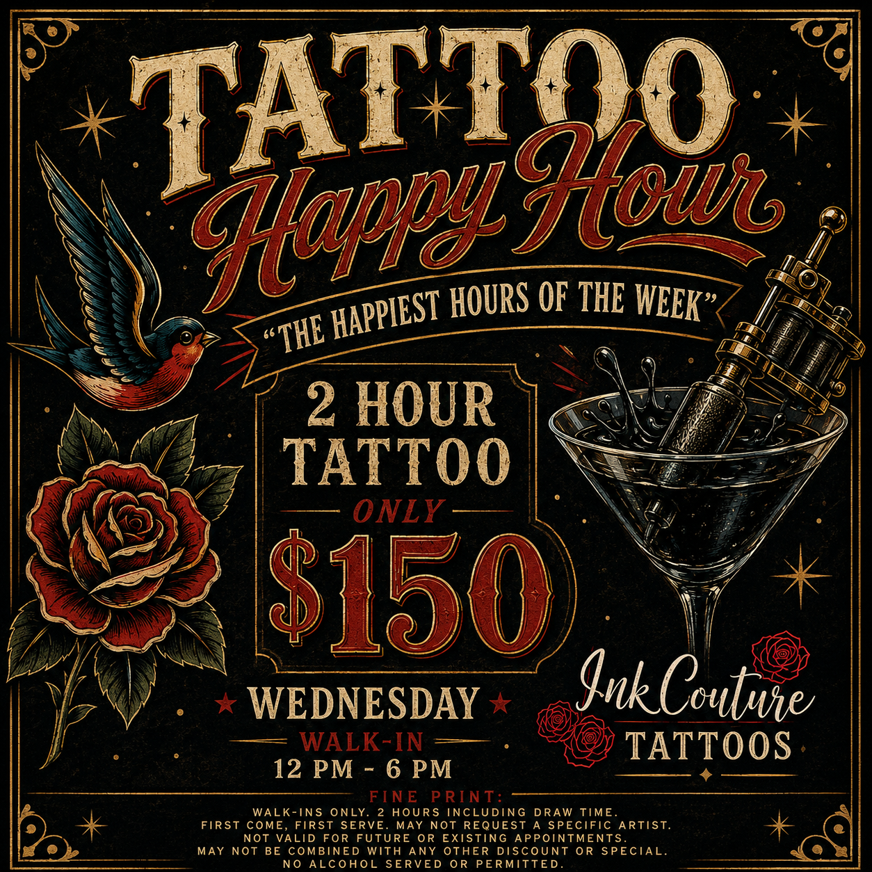 Tattoo Happy Hour San Antonio Austin San Marcos cheap tattoos specials Ink Couture studio walkins $150 custom design